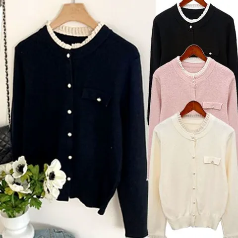 [하얀비]봄신상~WR5069 단정한 라운드넥니트 /기본정장/진주프릴가디건/백화점여성가디건