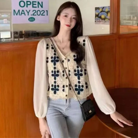 [옷자락]여자 위빙 꽃무늬 뜨개 그런지 비침 블라우스