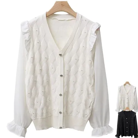 봄신상 진주 프릴 브이넥 니트 블라우스