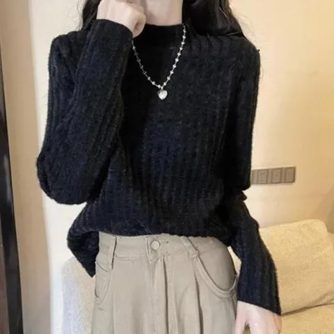 여자 모크넥 골지 FW 검정 아이보리 탱크 니트