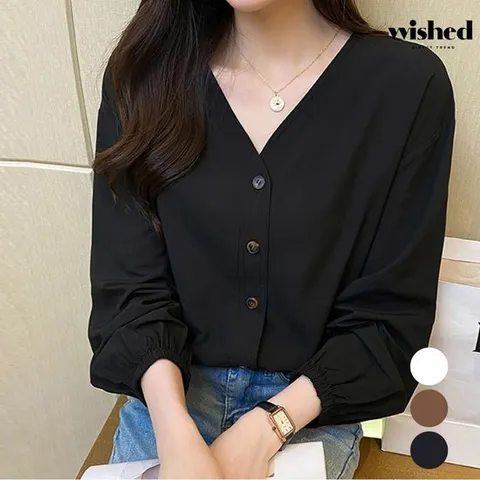 브이넥 버튼업 썸머 베이직 긴팔 셔츠 (WIAABL183)