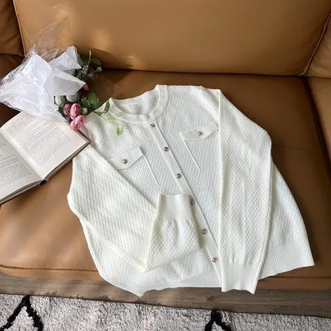 포켓 여성 라운드 루즈핏 버튼 긴팔 니트 JR-WKN-2965-아이보리