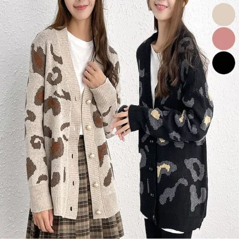 여자 루즈핏 V넥 호피패턴 니트 가디건 넉넉한 사이즈