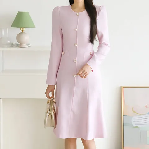 [한정/특가] 진주 버튼 라운드 머메이드 원피스_M2401OP011A