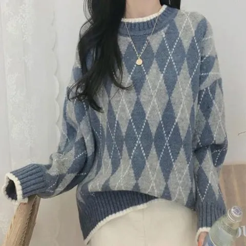 라운드넥아가일니트 아가일다이아니트블루