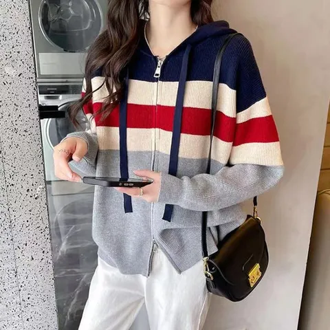 [키첼] 덴브 배색 투웨이 후드 니트 집업