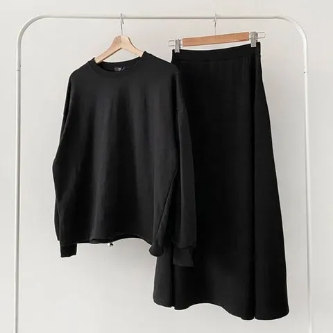 [샵앤]아라 국산 여성 라운드 퍼프소매 롱 플레어스커트셋트 원마일 데일리웨어 ARA-WSET-3022-블랙