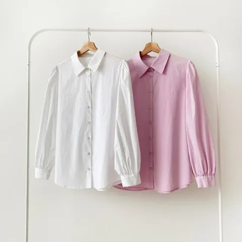 [옷자락]여자 흰색 분홍 클래식 면원단 잔주름 SS 블라우스