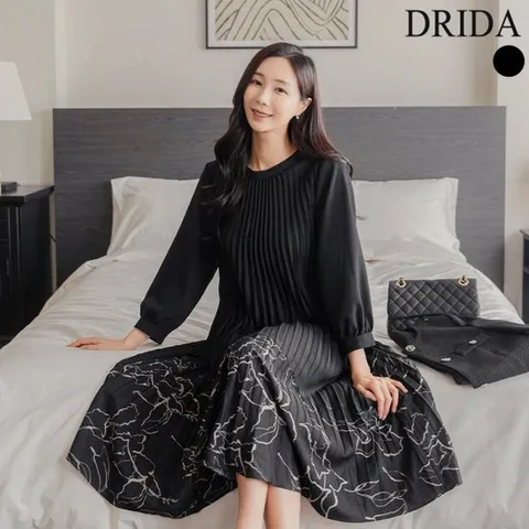 [드리다]엄마옷 드리다 여자 봄 가을 플리츠 쉬폰 플레어 A라인