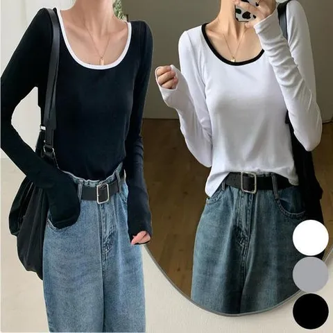 [프로셀러] 여성 배색 라운드넥 세미 크롭 긴팔 티셔츠 여리여리