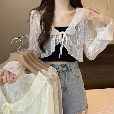 레이스 플라워패턴 크롭기장 망사 여성스런 가디건