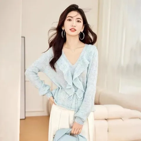 [옷자락]여자 비침 프릴 SS 스트랩 V넥 니트