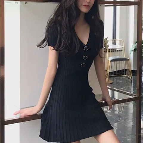 결혼식원피스 브이넥 버튼 숏 원피스 A라인 반팔 스판