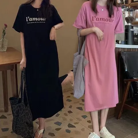 레터링원피스 편안한 캐주얼 밑단 트임 롱 반팔 원피스