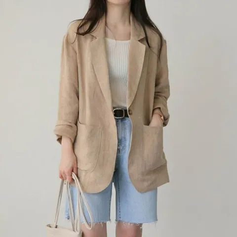 [큐즈]여성 린넨자켓 원버튼 봄 여름 기본 카라 긴팔 자켓 WL1299