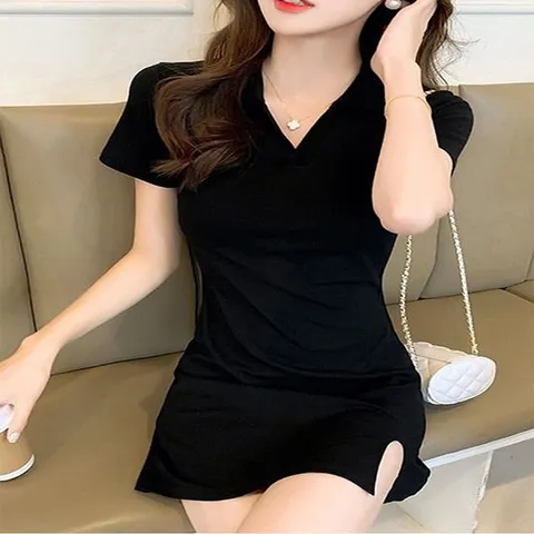 미디원피스 v넥 트임 카라 반팔 슬림핏 블랙 미니 원피스 데이트