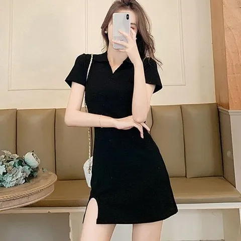 미디원피스 여자 카라 브이넥 밑단 트임 데일리 미니 블랙 원피