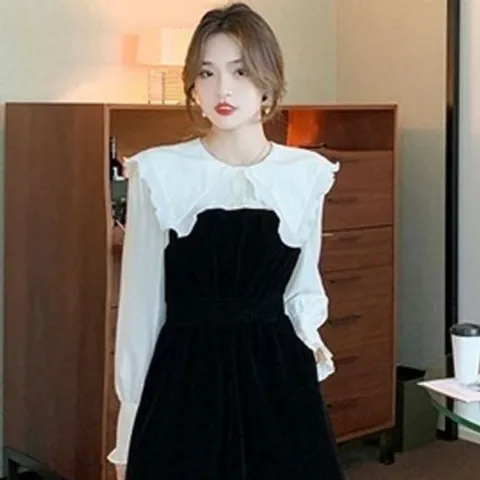 미니원피스 빅카라넥 미니 스커트 러플 벨벳 원피스