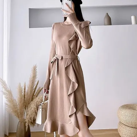 베이직원피스 라운드 베이직 허리 리본 언발 밑단프릴 롱원피스