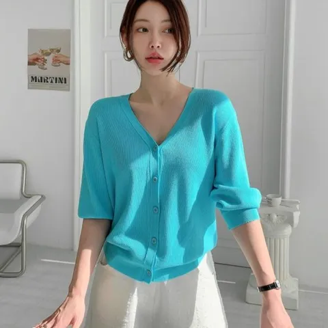 [옷자락]여자 8부 V넥 SS 버튼 하늘색 골지 가디건