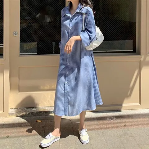셔츠원피스 허리끈 데일리 1P 스트라이프 루즈핏원피스 셔츠 루