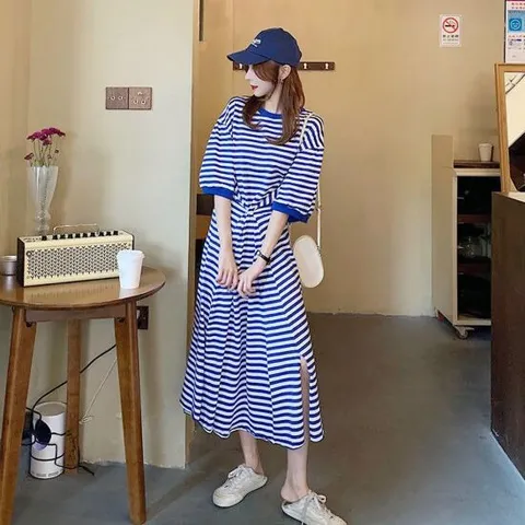 휴양지패션 여름 라운드 단가라 5부 루즈핏 트임 롱원피스 2컬러