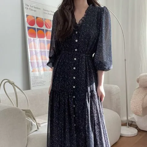 하객원피스 여성 봄 가을 브이넥 셔링 긴팔 롱 원피스 네이비