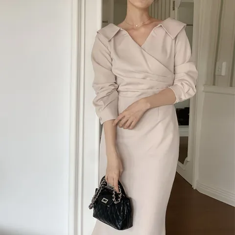 [드레스날다]핏깡패 와이드 카라 머메이드 라인 롱 원피스