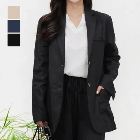 여자상의 소매 포켓 페이크 버튼 패치 린넨자켓 양