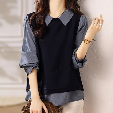 [패션시그널] 베스트 레이어드 잔줄지 셔츠 블라우스 9E3C92