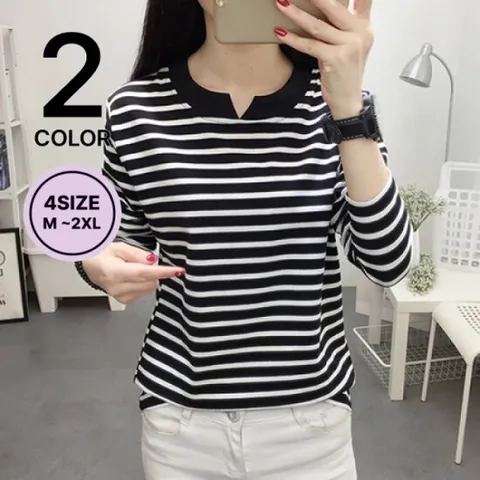 나바바 / 여성 캐주얼 스트라이프 트임 긴팔 티셔츠 NT1375/ 2컬러/ 4사이즈