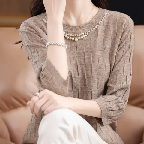 [스윗트리]진주장식 라운드넥 7부 니트 티셔츠(j0606)