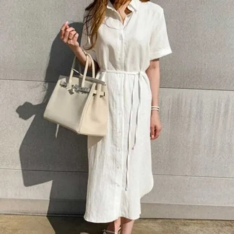 30대 여자30대원피스 린넨반팔원피스 체형 커버 롱셔