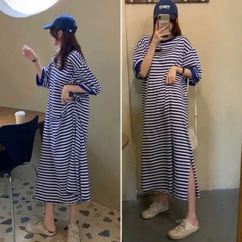 스트라이프 롱드레스 실내원피스 패션 간편 스타일링