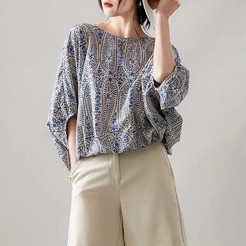 반팔블라우스 여성 루즈핏 여름 라운드넥 반팔 패턴 블라우스 블