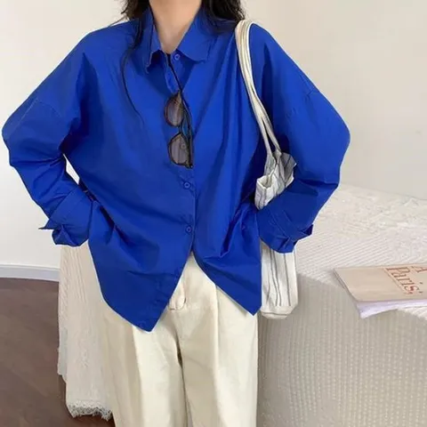 블루셔츠 차르르 루즈핏 블루 셔츠 HH D75