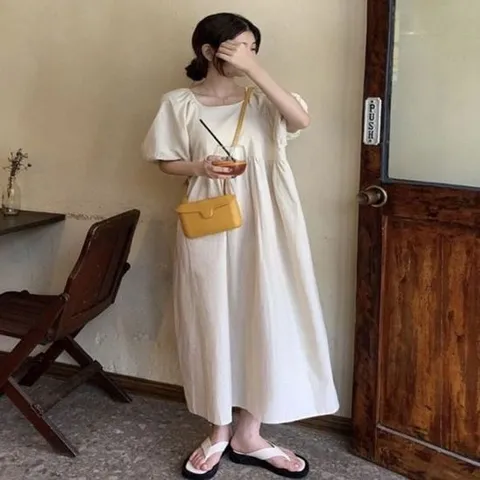 퍼프소매 메이비굿 원피스 뒷리본 롱원피스