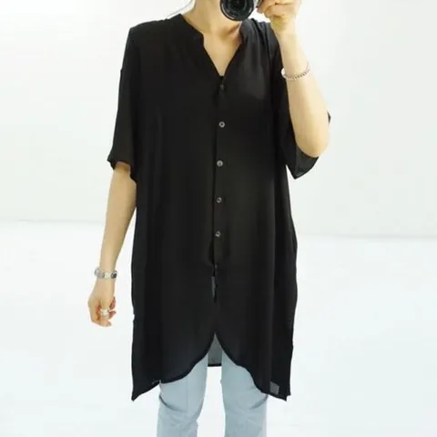 쉬폰블라우스 반팔 나인 롱 블라우스 쉬폰