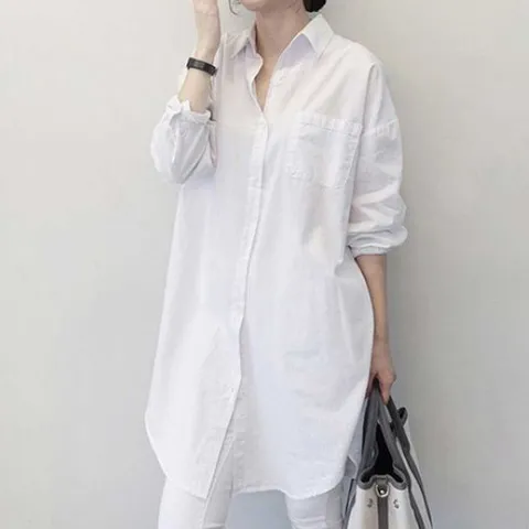 여자긴팔면셔츠 여성 카라 롱셔츠 오버핏 캐주얼 셔츠 봄가을 외