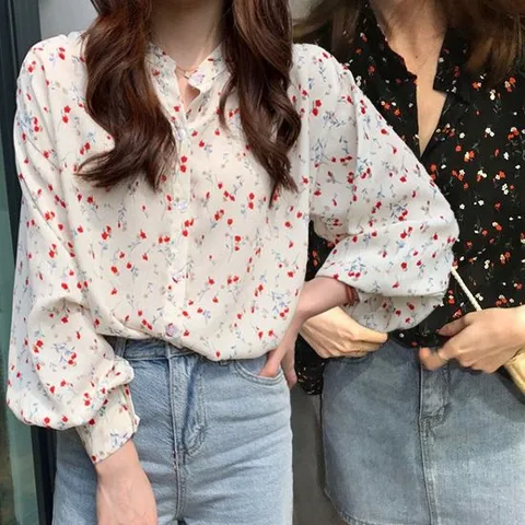 퍼프블라우스 여성 퍼프 벌룬 소매 플라워 긴팔 블라우스