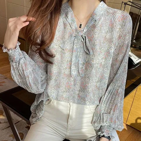 여성블라우스 플리츠 플라워 블라우스 A라인 넥트임 볼륨소매 세