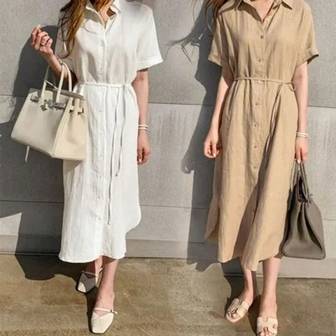 패션 여름 린넨 셔츠 카라 롱 니트 시원한 레이시 롱