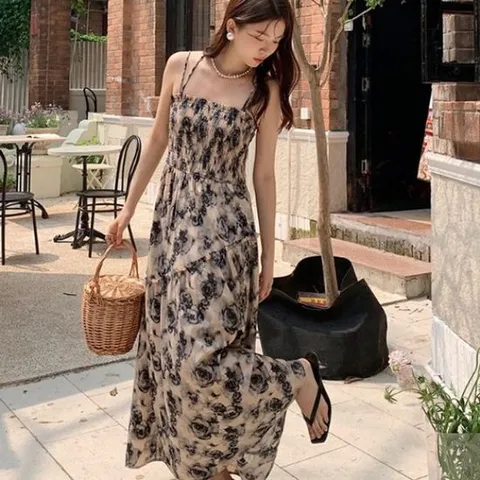 휴양지 여름 꽃무늬 바캉스룩 원피스 끈 플라워 쉬폰