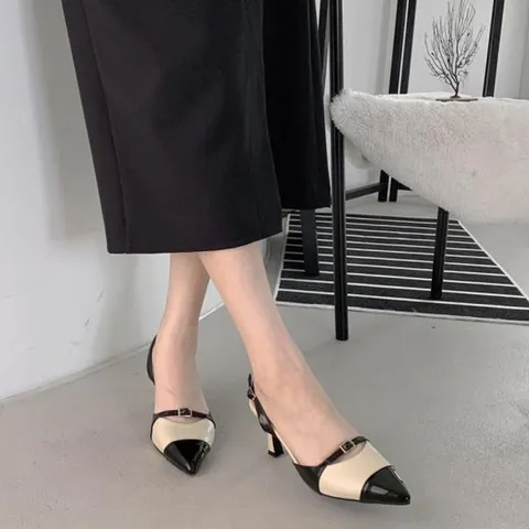 [옷자락]여자 뾰족코 봄슬링백 버클 키튼힐 메탈릭 하이힐