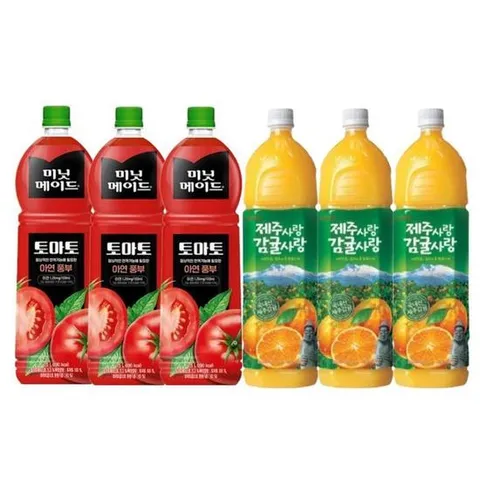 과즙음료 2종 혼합세트 / 롯데 제주사랑 감귤사랑 1.5L 3개 + 미닛메이드 토마토 1.5L 3개 / 총6개