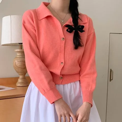 [린다샵]디디엔 카라넥 버튼 컬러 니트 가디건