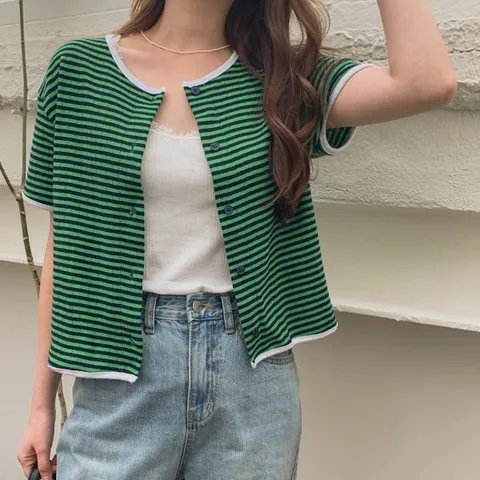 [네쥬]네쥬 여성 봄 여름 라운드 크롭 단가라 반팔 가디건