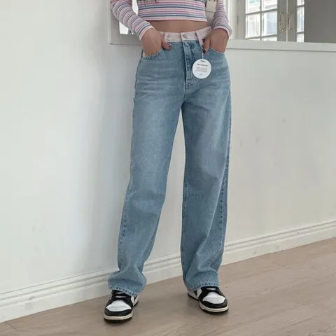 [네쥬]네쥬 여성 봄 여름 와이드 일자 배색 캐주얼 청바지 데님
