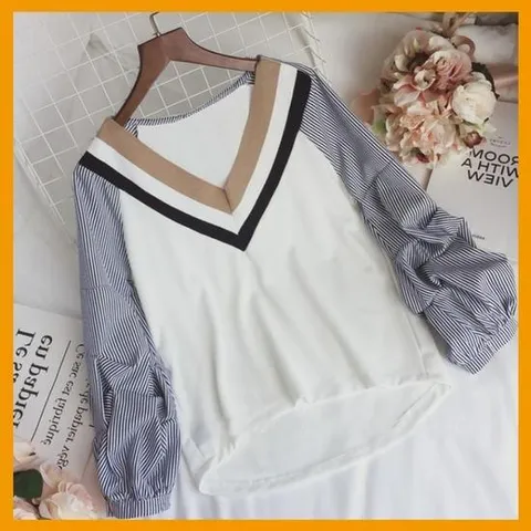 [라일리] Rly 퍼프소매 긴팔티 브이넥 가을겨울 포인트티