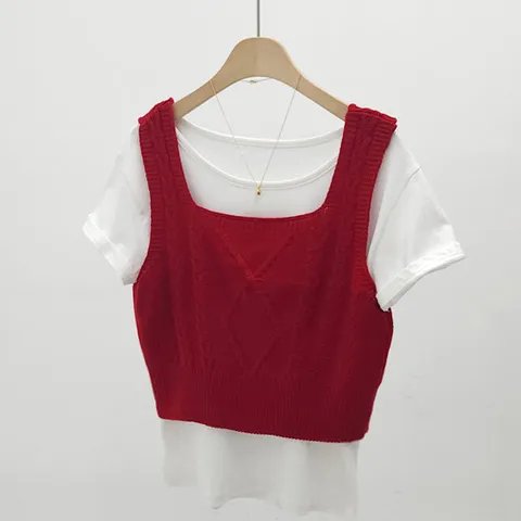 스퀘어넥 꽈배기 크롭 뷔스티에 니트 조끼 여성 베스트